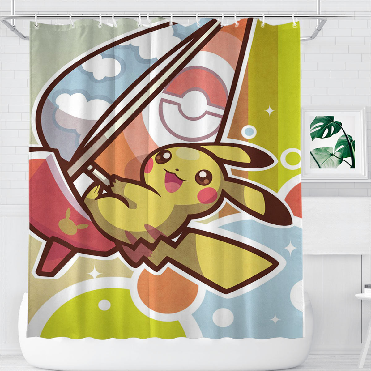 Pikachu On A Boat Bathroom Shower Curtain Fabric Waterproof | 66 X 72 Inch