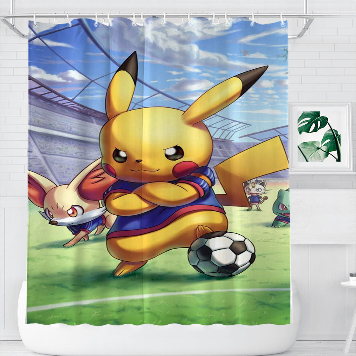 Pikachu Pokemen Football Bathroom Shower Curtain Fabric Waterproof | 66 X 72 Inch