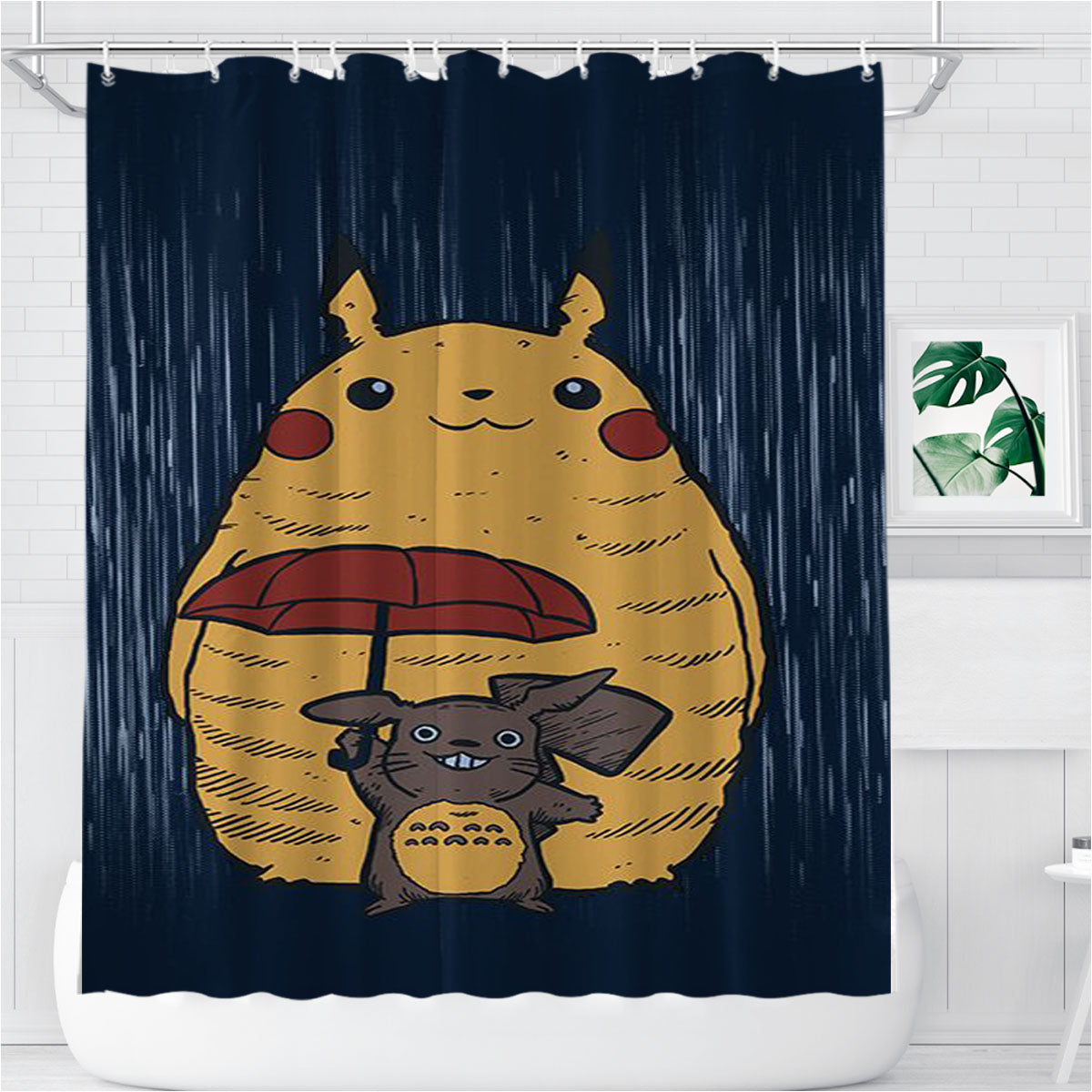 Pikachu Totoro Bathroom Shower Curtain Fabric Waterproof | 66 X 72 Inch