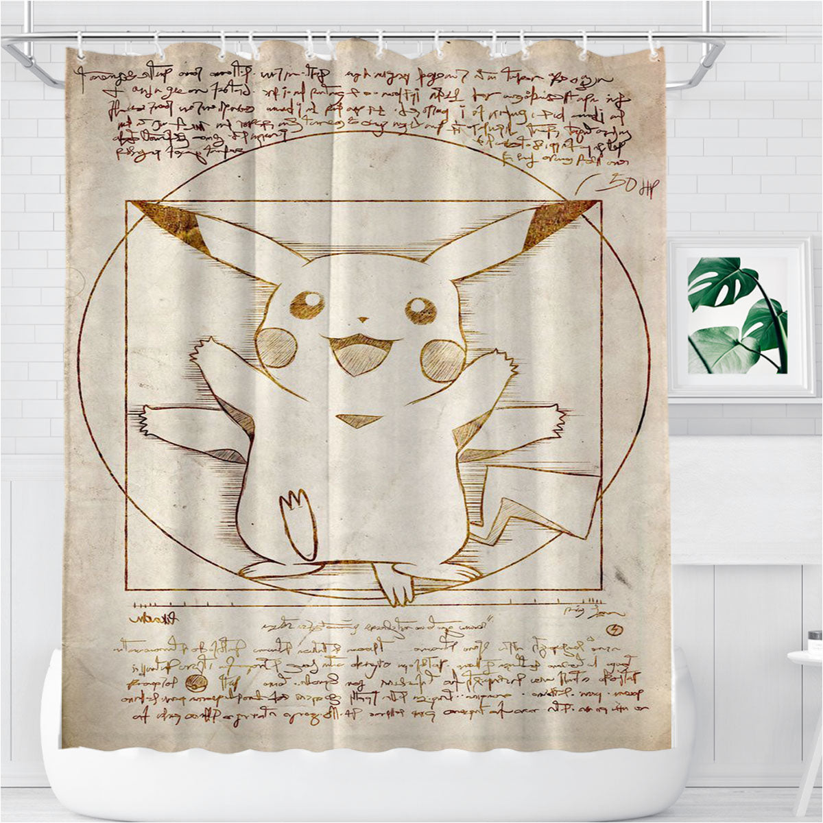 Pikachu Vitruvian Bathroom Shower Curtain Fabric Waterproof | 66 X 72 Inch