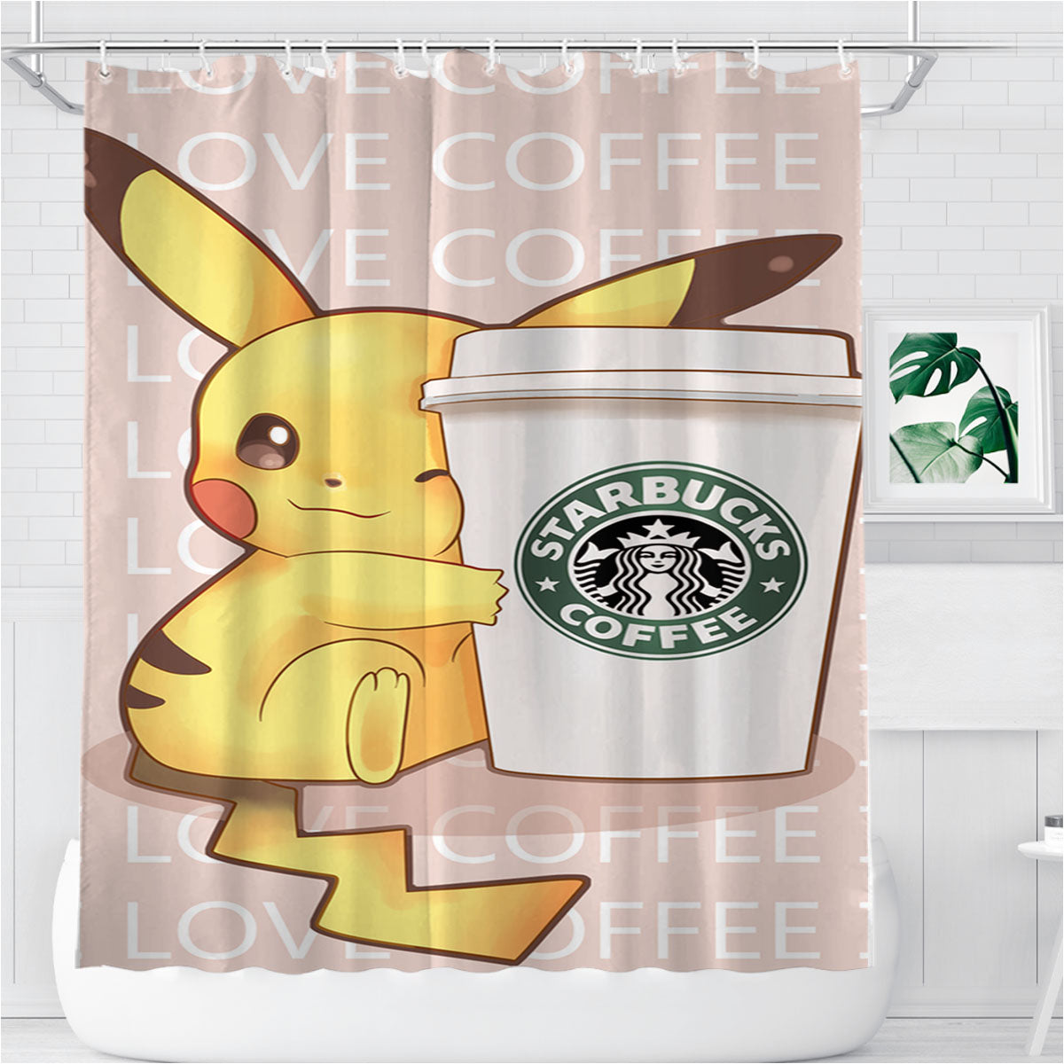 Pikachu With Starbucks Coffee Bathroom Shower Curtain Fabric Waterproof | 66 X 72 Inch