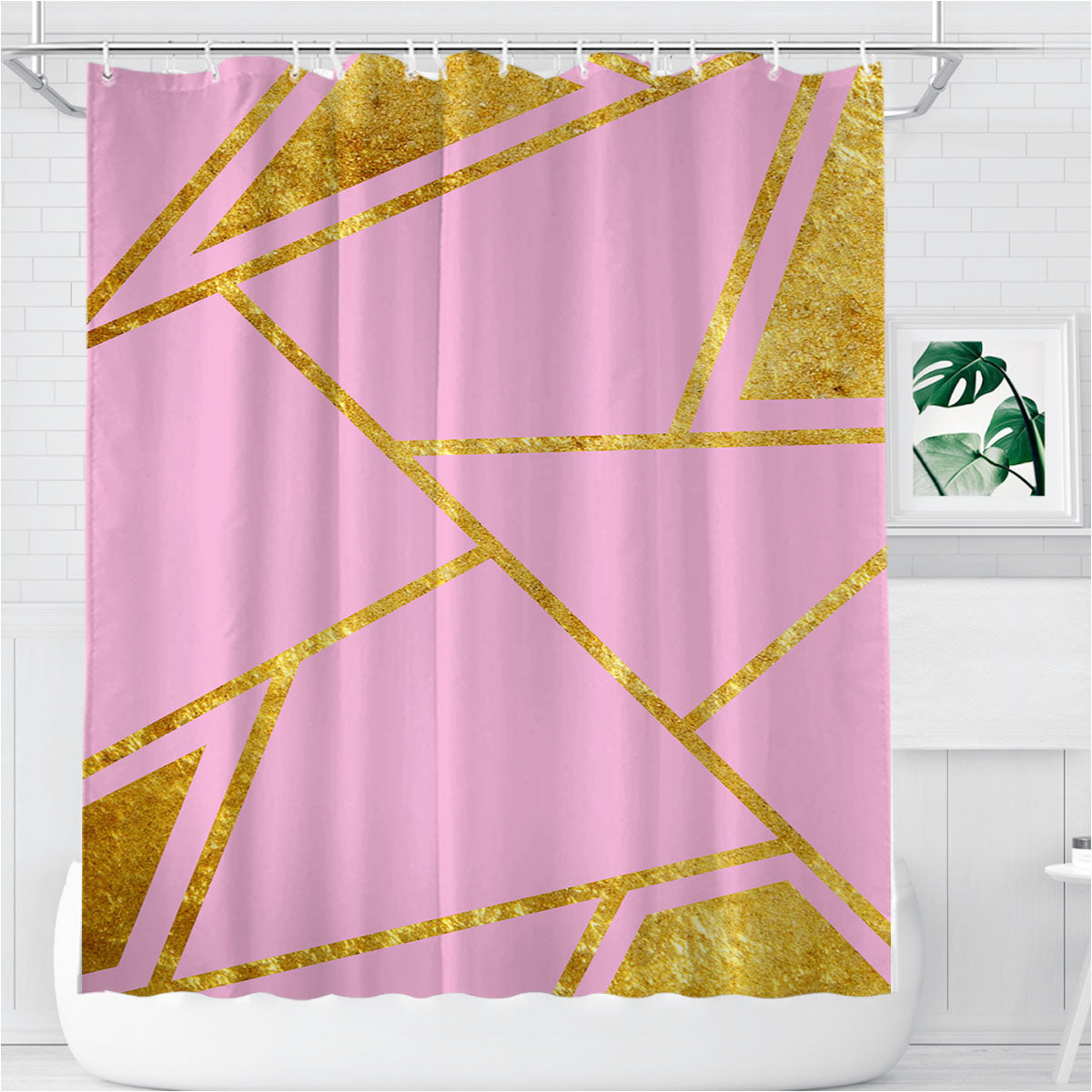 Pink And Gold Abstract Triangle Geometric Bathroom Shower Curtain Fabric Waterproof | 66 X 72 Inch