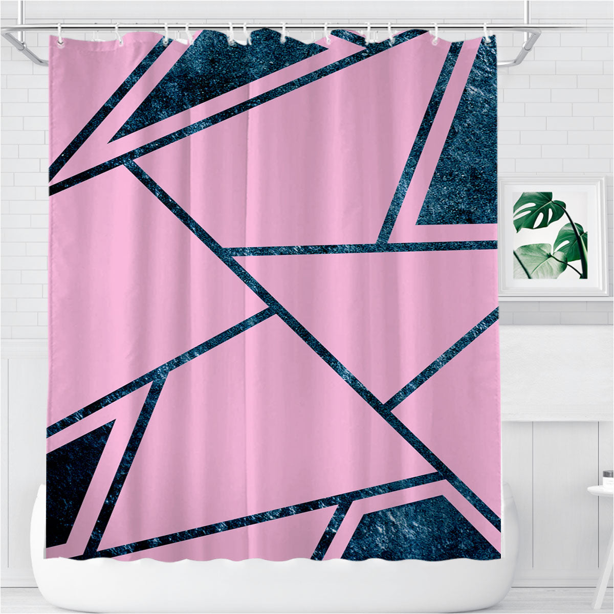 Pink And Turquoise Abstract Triangle Geometric Bathroom Shower Curtain Fabric Waterproof | 66 X 72 Inch