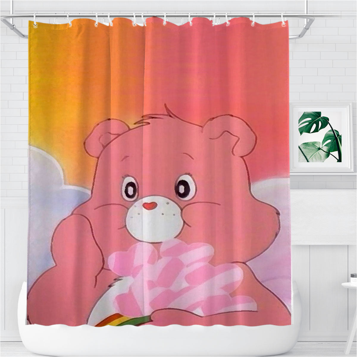 Pink Care Bear Cartoon Aesthetic Bathroom Shower Curtain Fabric Waterproof | 66 X 72 Inch