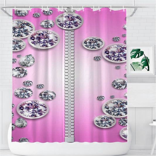 Pink Diamond Zipper Pattern Bathroom Shower Curtain Fabric Waterproof | 66 X 72 Inch