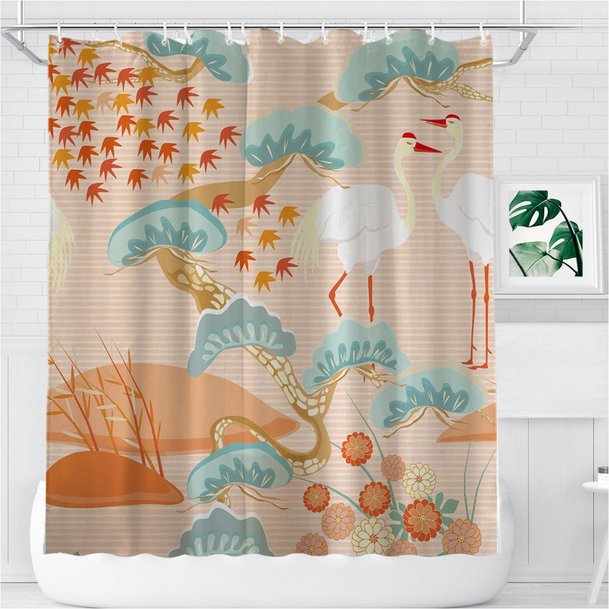 Pink Japanese Crane Art Bathroom Shower Curtain Fabric Waterproof | 66 X 72 Inch