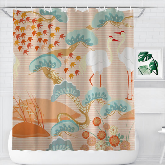 Personalized Pink Japanese Crane Art Shower Curtain Farmhouse Bathroom Decor