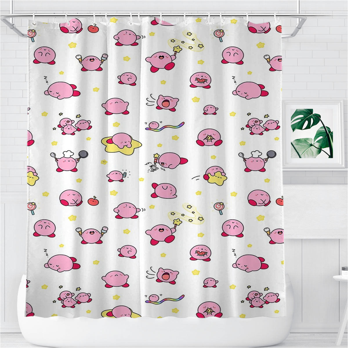 Pink Kirby Cartoon Pattern Bathroom Shower Curtain Fabric Waterproof | 66 X 72 Inch
