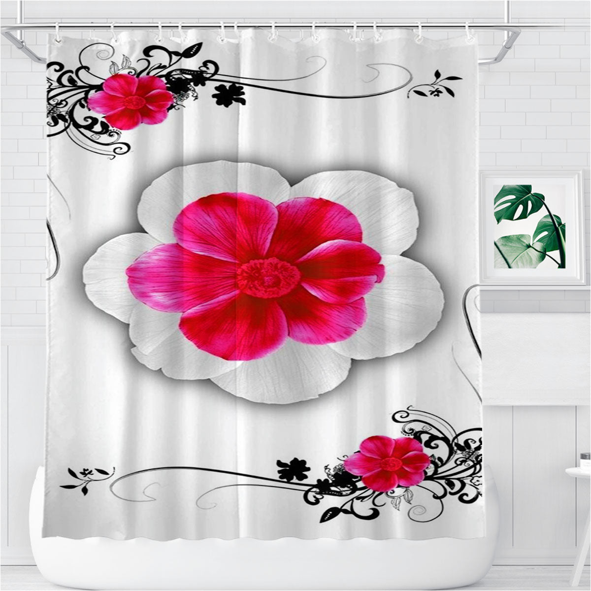 Pink White Flower Bathroom Shower Curtain Fabric Waterproof | 66 X 72 Inch