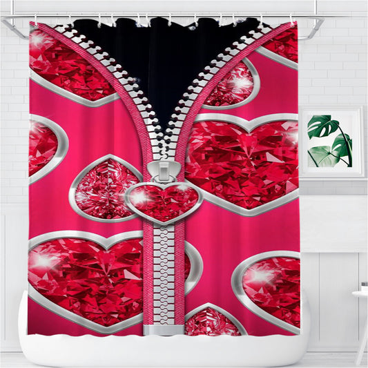 Pink Zipper With Diamond Love Pattern Bathroom Shower Curtain Fabric Waterproof | 66 X 72 Inch