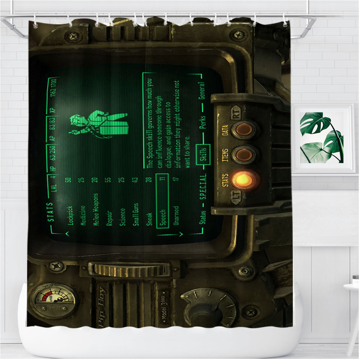 Pip Boy D Bathroom Shower Curtain Fabric Waterproof | 66 X 72 Inch