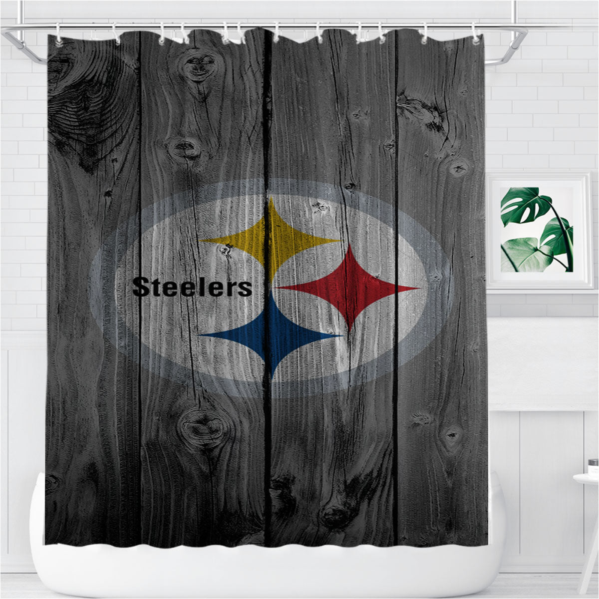 Pittsburgh Steelers Nfl Logo Dark Wood Wallpaper Bathroom Shower Curtain Fabric Waterproof | 66 X 72 Inch