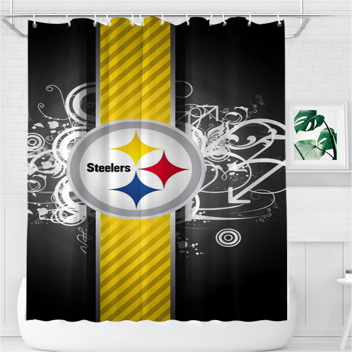 Pittsburgh Steelers Nfl Logo Wallpaper Bathroom Shower Curtain Fabric Waterproof | 66 X 72 Inch