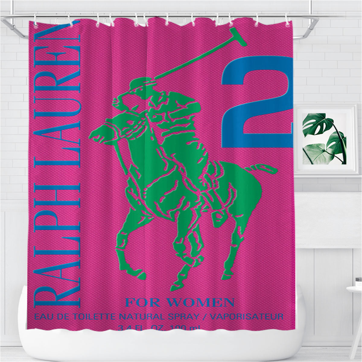 Polo Ralph Lauren Big Pony 2 Pink Parfume Bathroom Shower Curtain Fabric Waterproof | 66 X 72 Inch