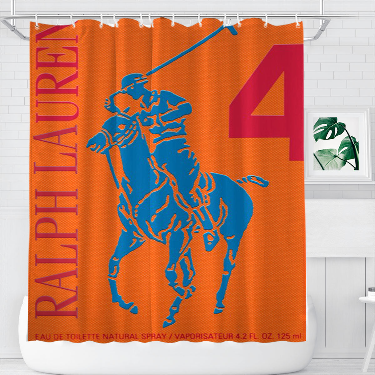Polo Ralph Lauren Big Pony 4 Orange Parfume Bathroom Shower Curtain Fabric Waterproof | 66 X 72 Inch