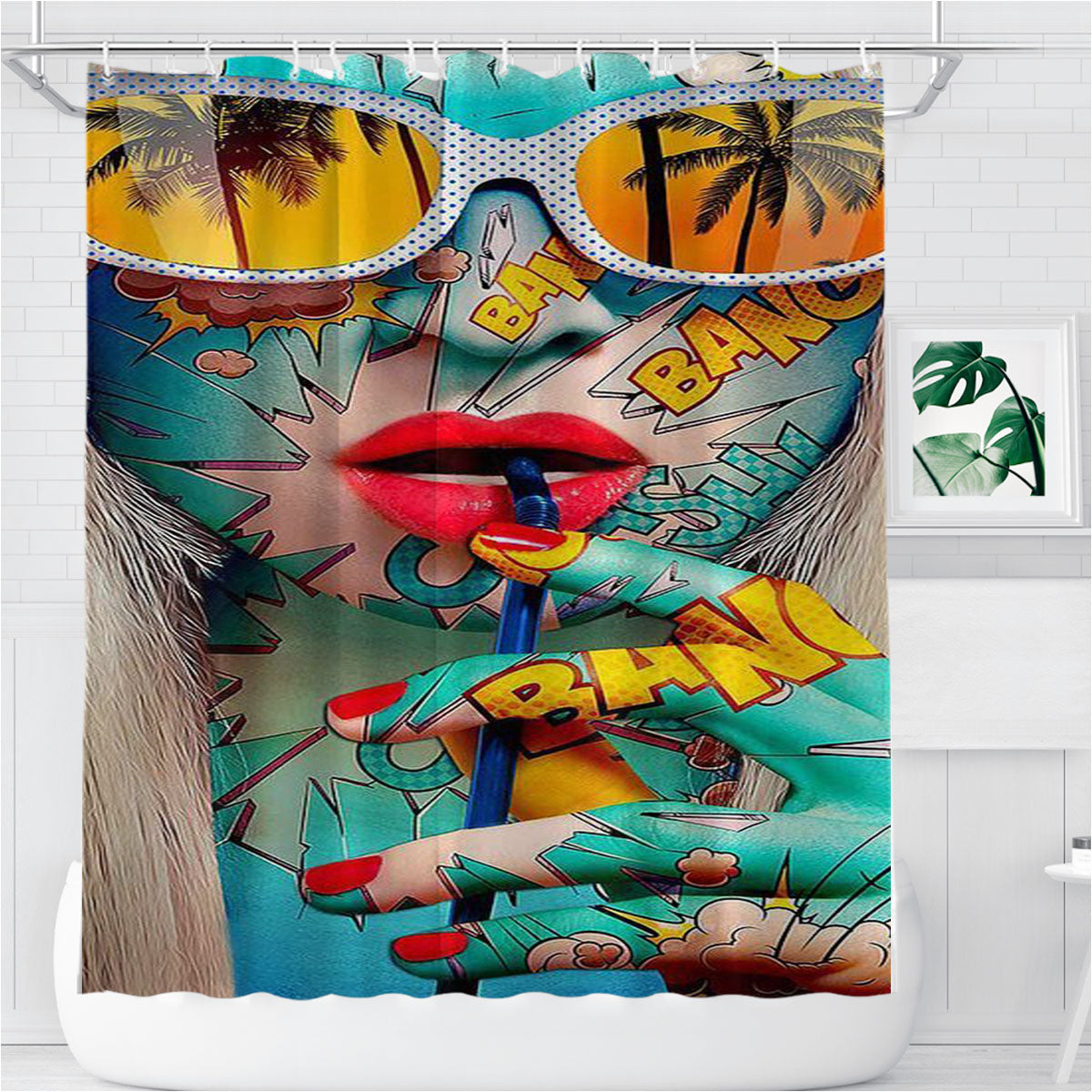 Pop Art Girl Bang Pattern Pop Bathroom Shower Curtain Fabric Waterproof | 66 X 72 Inch