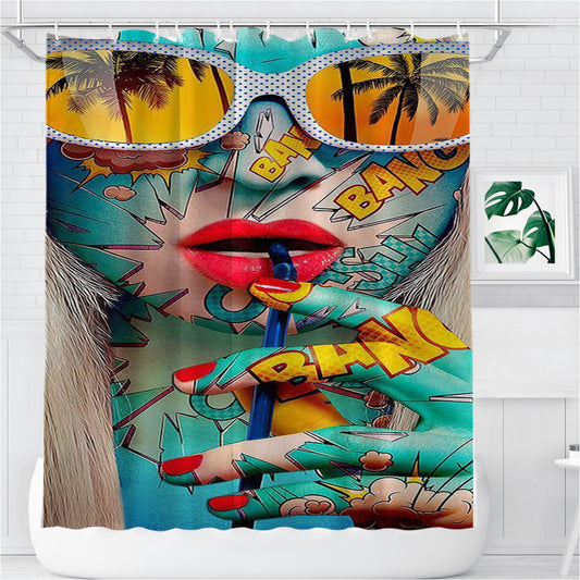 Pop Art Girl Bang Pattern Pop Bathroom Shower Curtain Fabric Waterproof