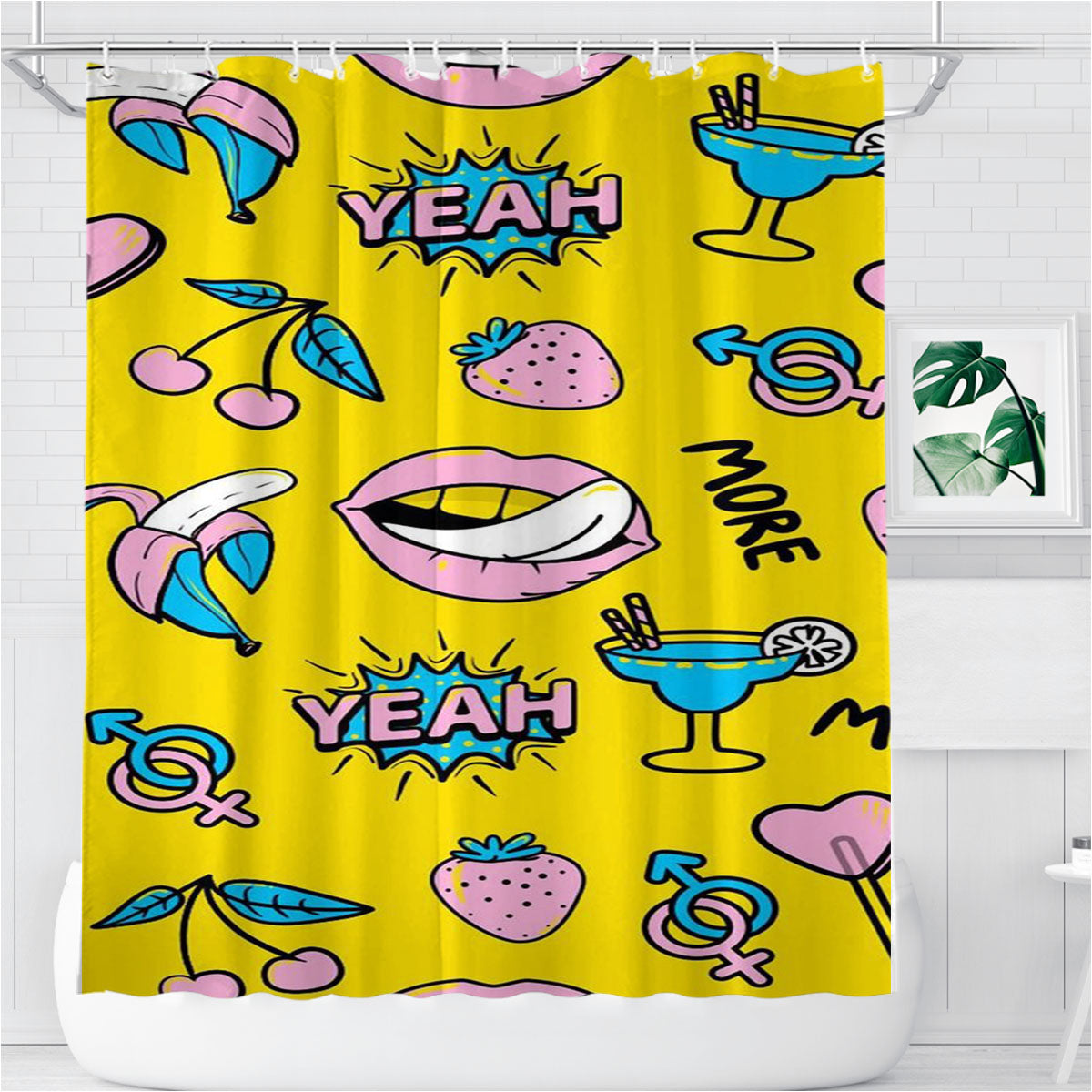 Pop Cartoon Pattern Lips And Tropical Yellow Backg Bathroom Shower Curtain Fabric Waterproof | 66 X 72 Inch