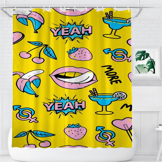 Personalized Pop Cartoon Pattern Lips And Tropical Yellow Background Shower Curtain Farmhouse Bathroom Decor