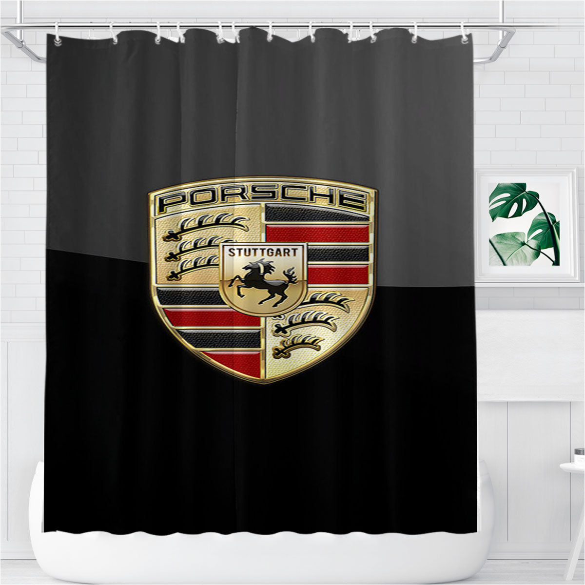 Porsche Badge Logo On Black Serge Ver Bukh Bathroom Shower Curtain Fabric Waterproof | 66 X 72 Inch