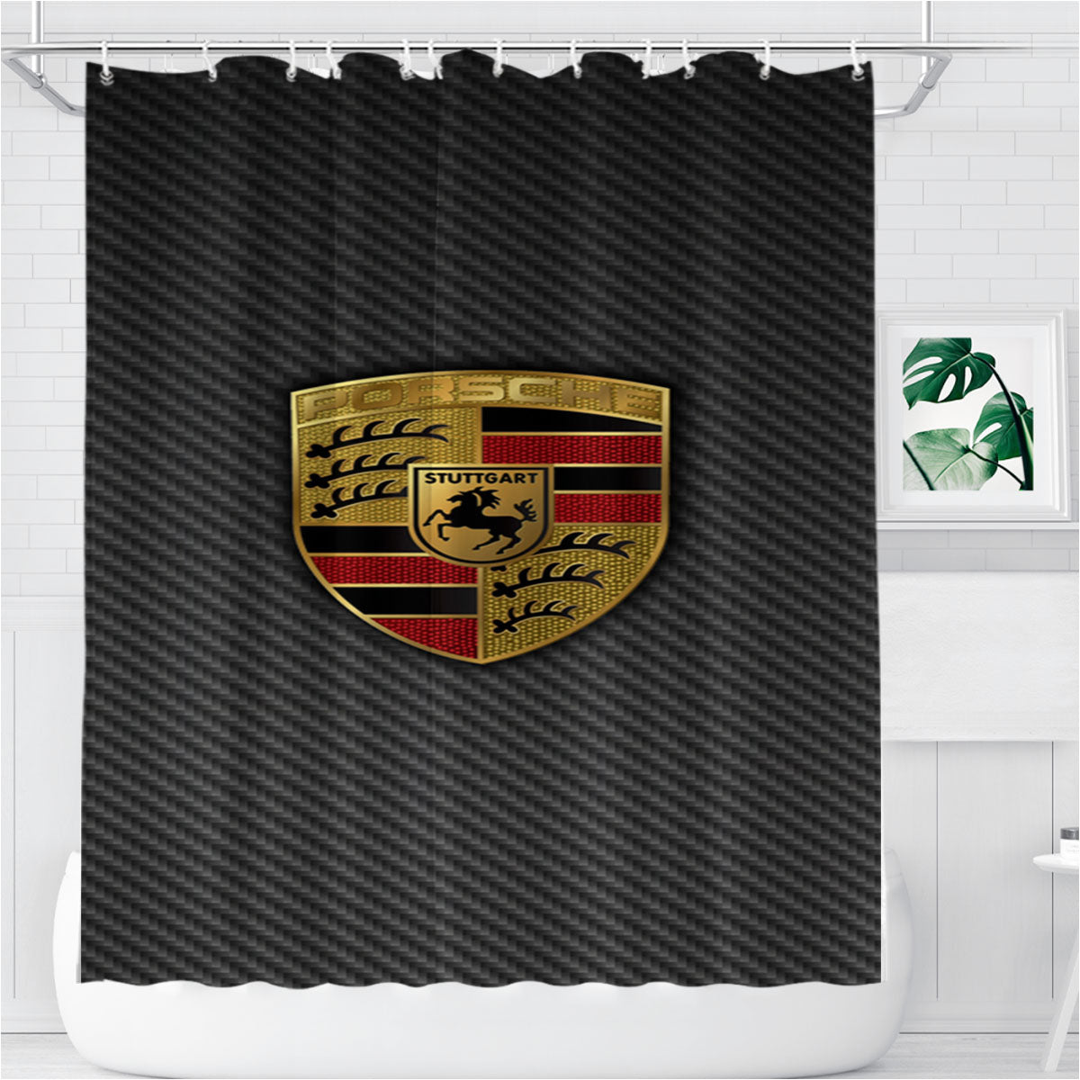 Porsche Carbon Fiber Logo Bathroom Shower Curtain Fabric Waterproof | 66 X 72 Inch