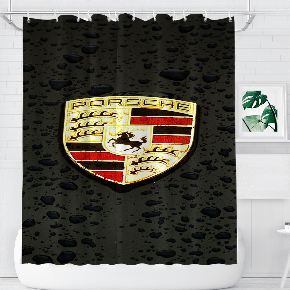 Porsche Logo Emblem Car Illustration Art Dark Bathroom Shower Curtain Fabric Waterproof | 66 X 72 Inch