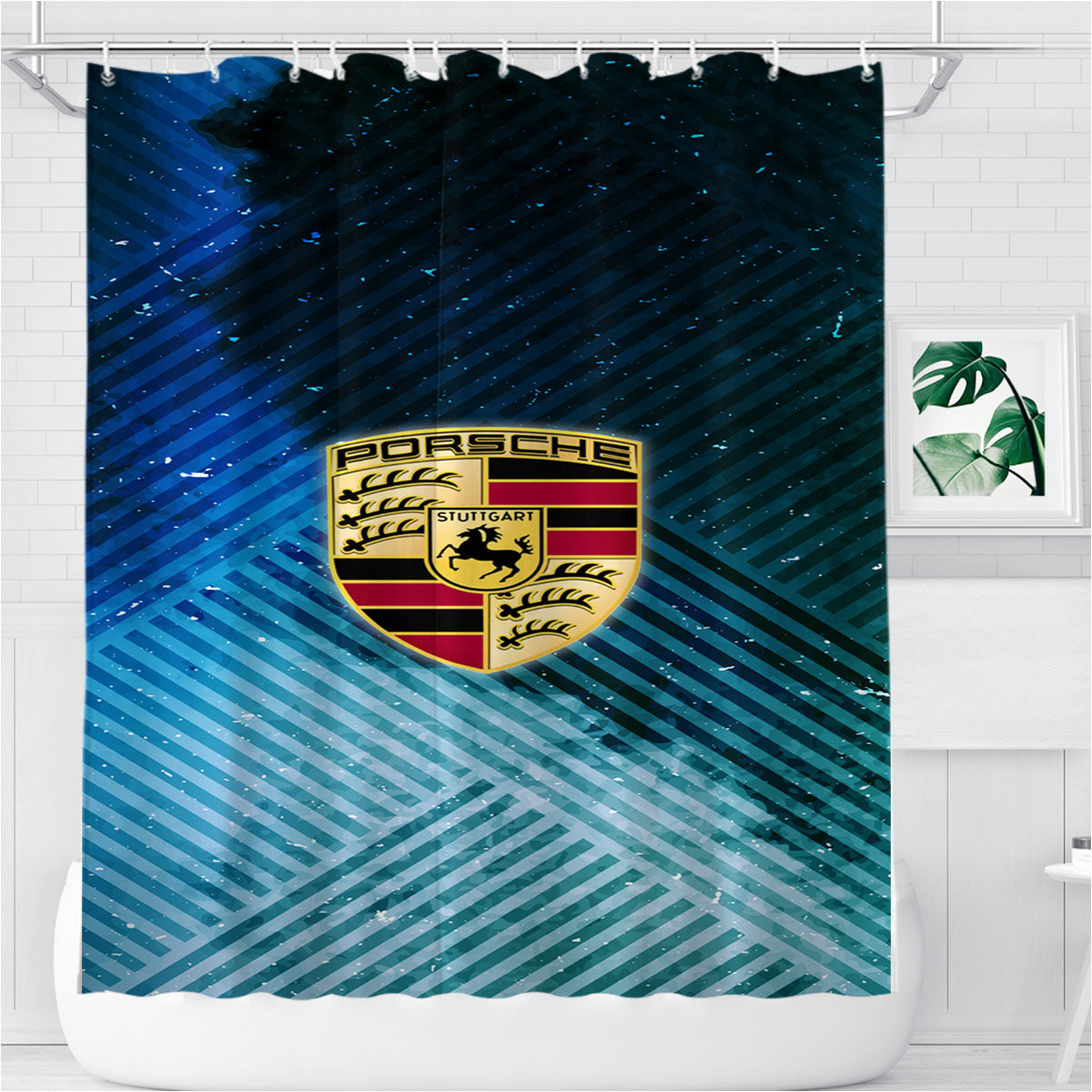 Porsche Logo Stripes Art Bathroom Shower Curtain Fabric Waterproof | 66 X 72 Inch