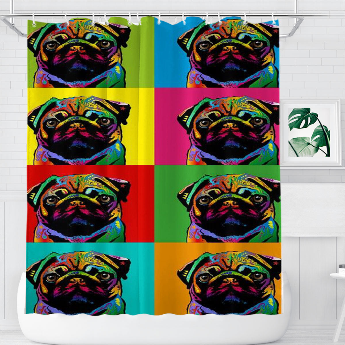 Portrait Pug Dog Face Pop Art Cute Face Pattern Bathroom Shower Curtain Fabric Waterproof | 66 X 72 Inch