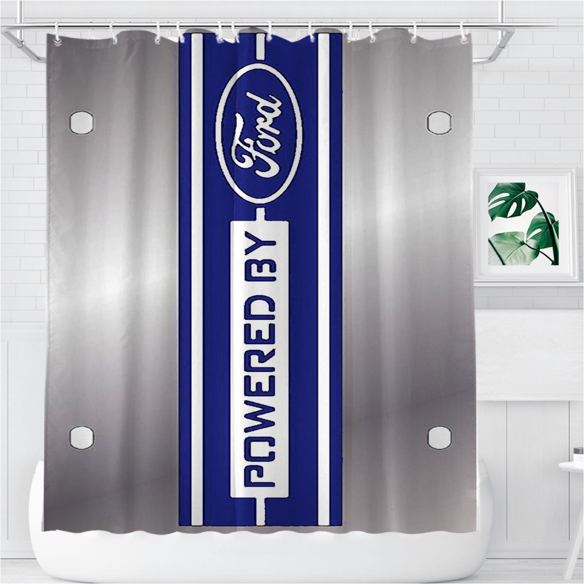 Powered By Ford Line Blue Bathroom Shower Curtain Fabric Waterproof | 66 X 72 Inch