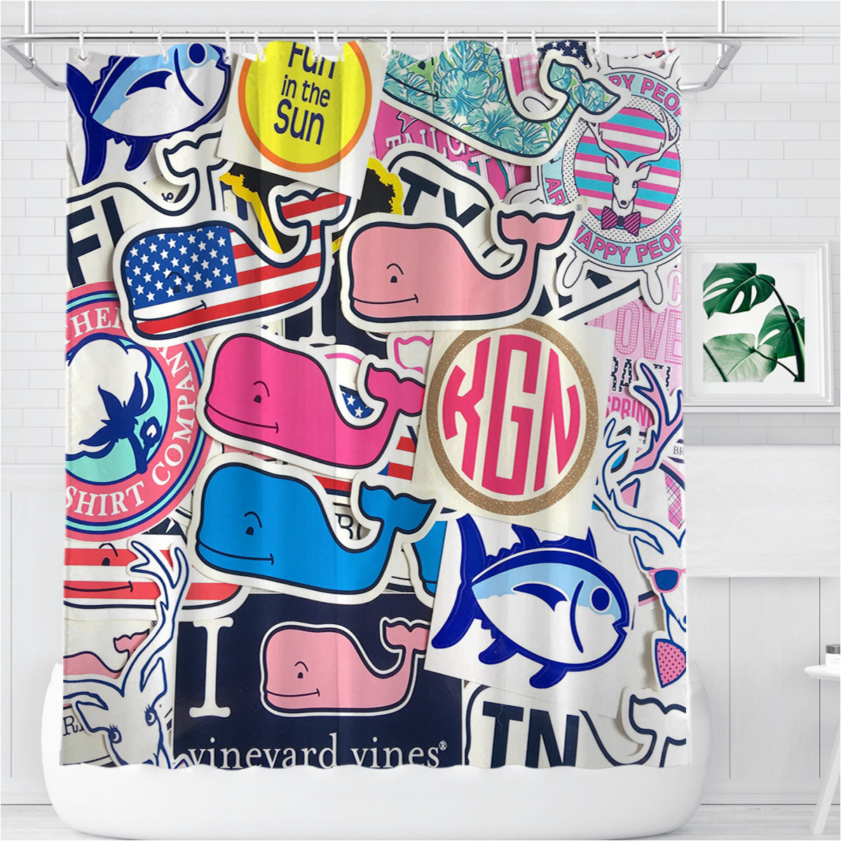 Preppy Vineyard Vines Whale Sticker Bathroom Shower Curtain Fabric Waterproof | 66 X 72 Inch