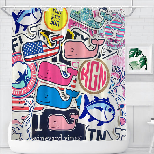 Personalized Preppy Vineyard Vines Whale Sticker Shower Curtain Farmhouse Bathroom Decor