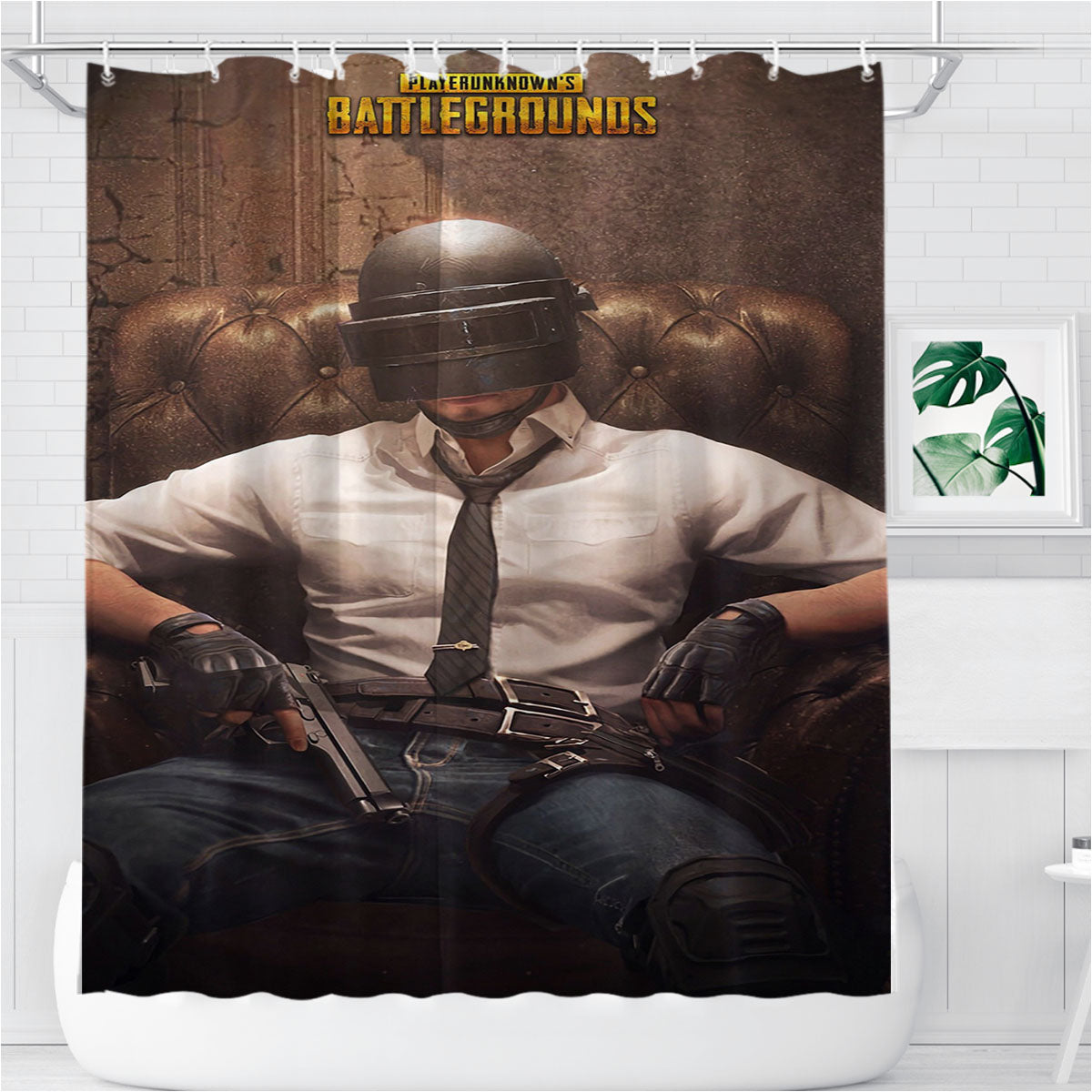 Pubg Helmet Guy Bathroom Shower Curtain Fabric Waterproof | 66 X 72 Inch