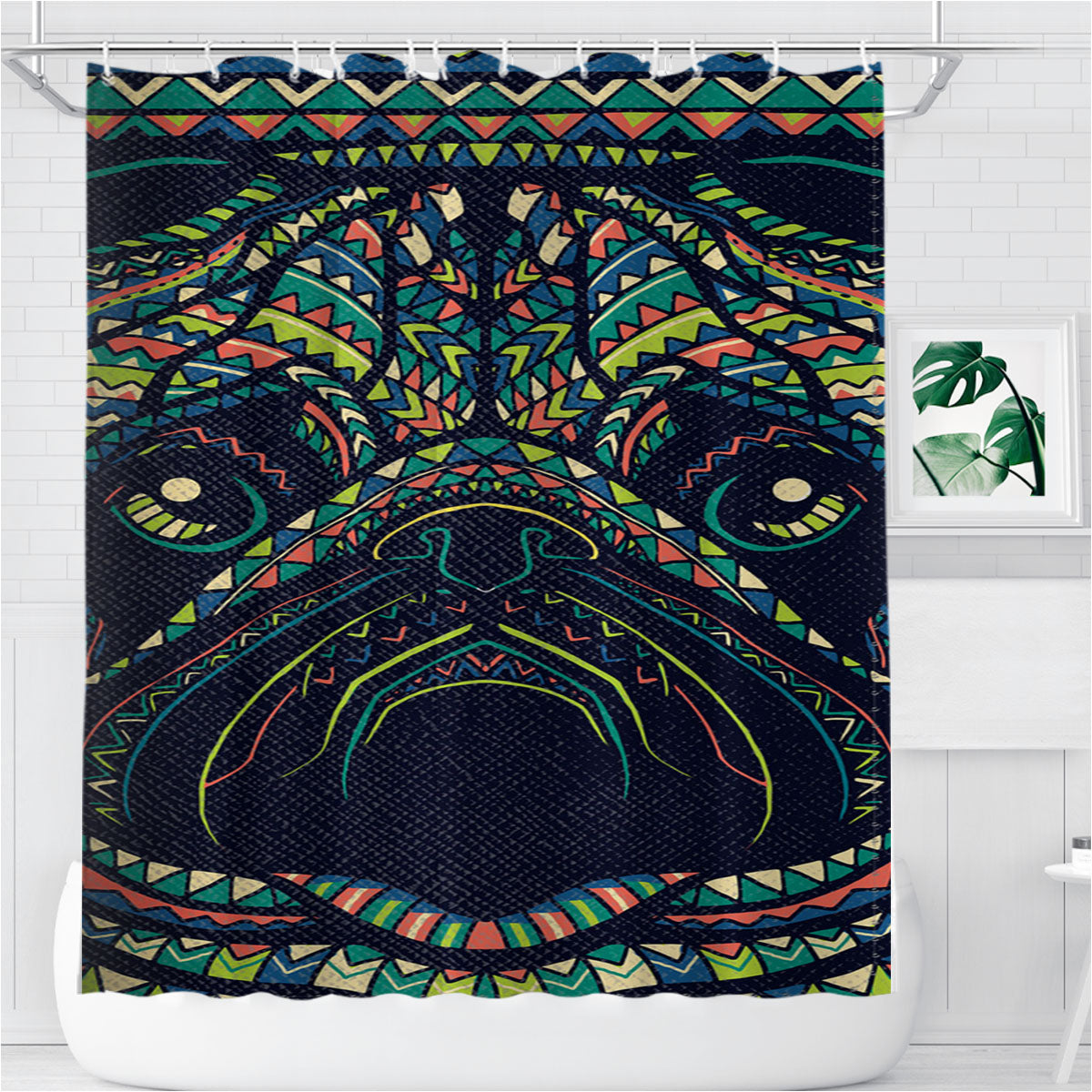 Pug Aztec Pattern Bathroom Shower Curtain Fabric Waterproof | 66 X 72 Inch