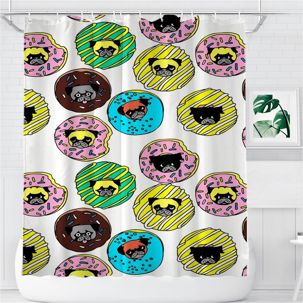 Pug Donuts Pattern Bathroom Shower Curtain Fabric Waterproof | 66 X 72 Inch