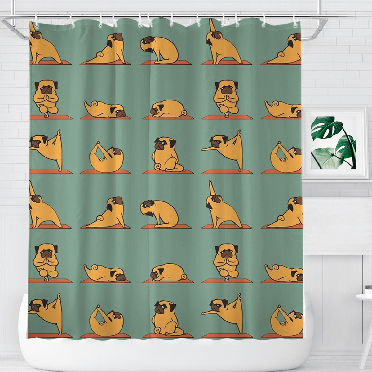 Pug Yoga Pattern Bathroom Shower Curtain Fabric Waterproof | 66 X 72 Inch