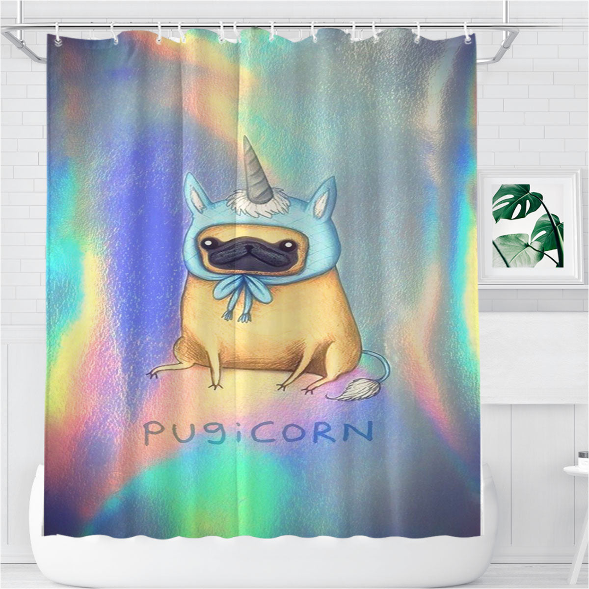 Pugicorn Pug Unicorn Bathroom Shower Curtain Fabric Waterproof | 66 X 72 Inch