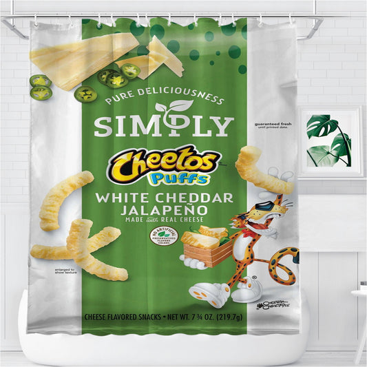 Personalized Pure Delicioussness Simply Cheetos Puffs White Cheddar Jalapeno Made With Real Cheese Shower Curtain Farmhouse Bathroom Decor
