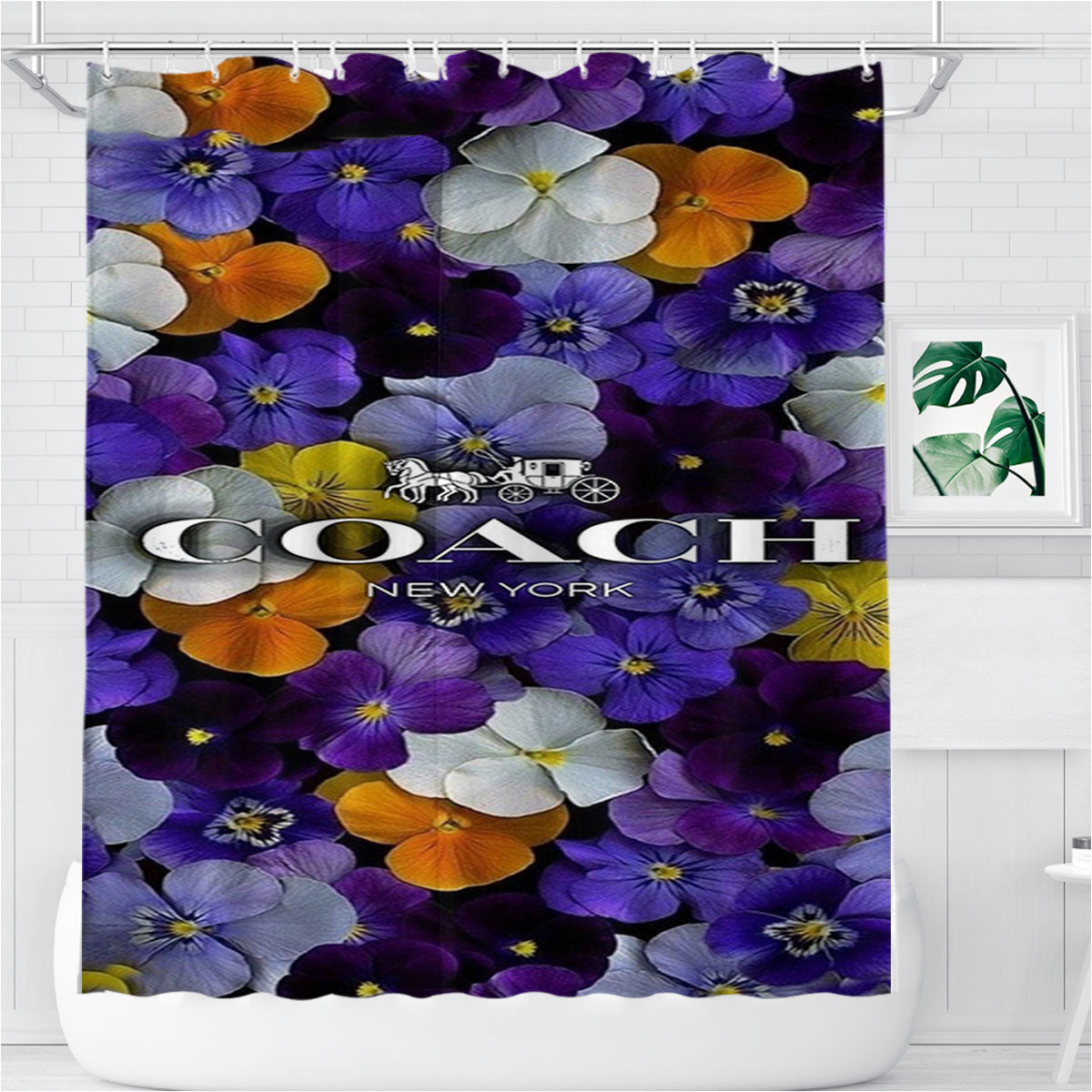 Purple Flowers Coach New York Bathroom Shower Curtain Fabric Waterproof | 66 X 72 Inch