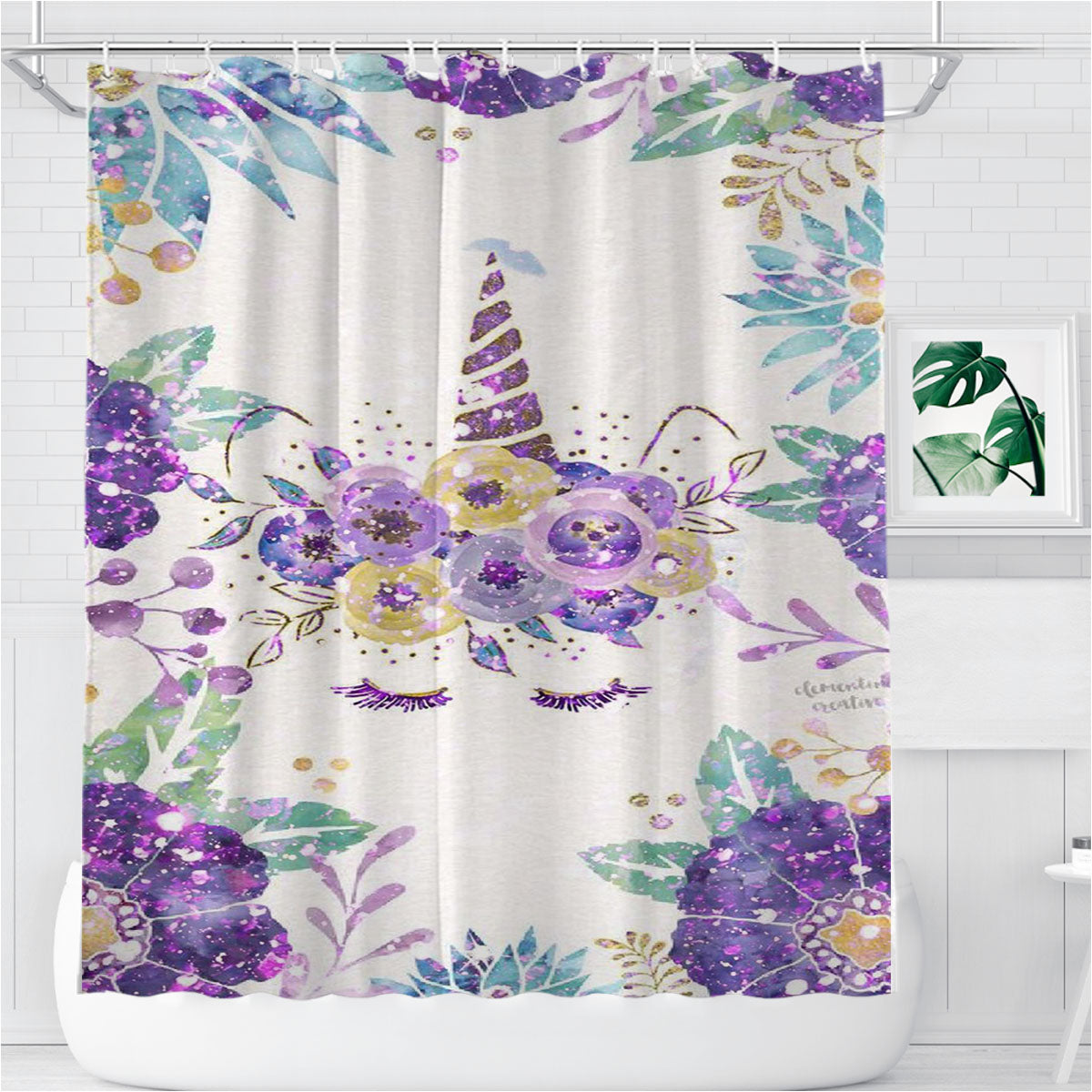 Purple Unicorn Watercolor Bathroom Shower Curtain Fabric Waterproof | 66 X 72 Inch