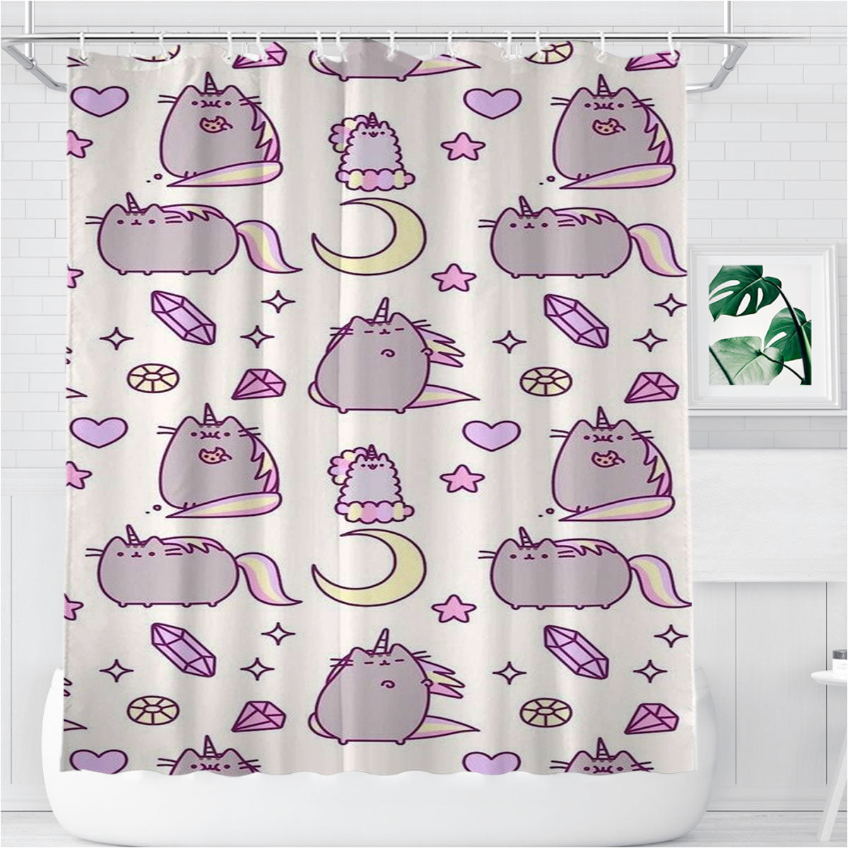Pusheen Diamond Pattern Bathroom Shower Curtain Fabric Waterproof | 66 X 72 Inch