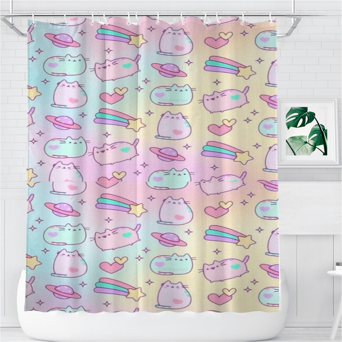 Pusheen Rainbow Pattern Bathroom Shower Curtain Fabric Waterproof | 66 X 72 Inch
