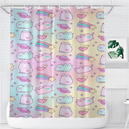 Personalized Pusheen Rainbow Pattern Shower Curtain Farmhouse Bathroom Decor