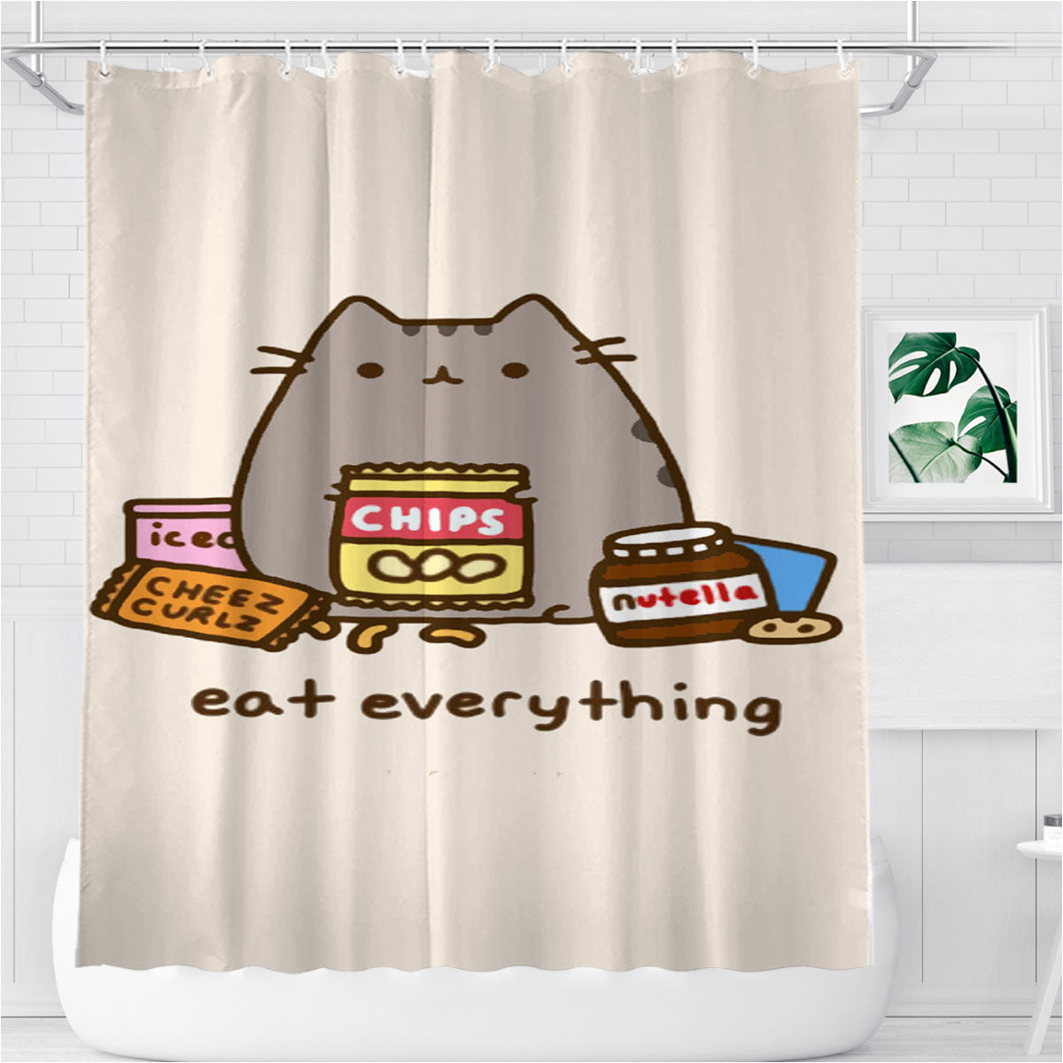 Pusheen The Cat Eat Every Thing Bathroom Shower Curtain Fabric Waterproof | 66 X 72 Inch
