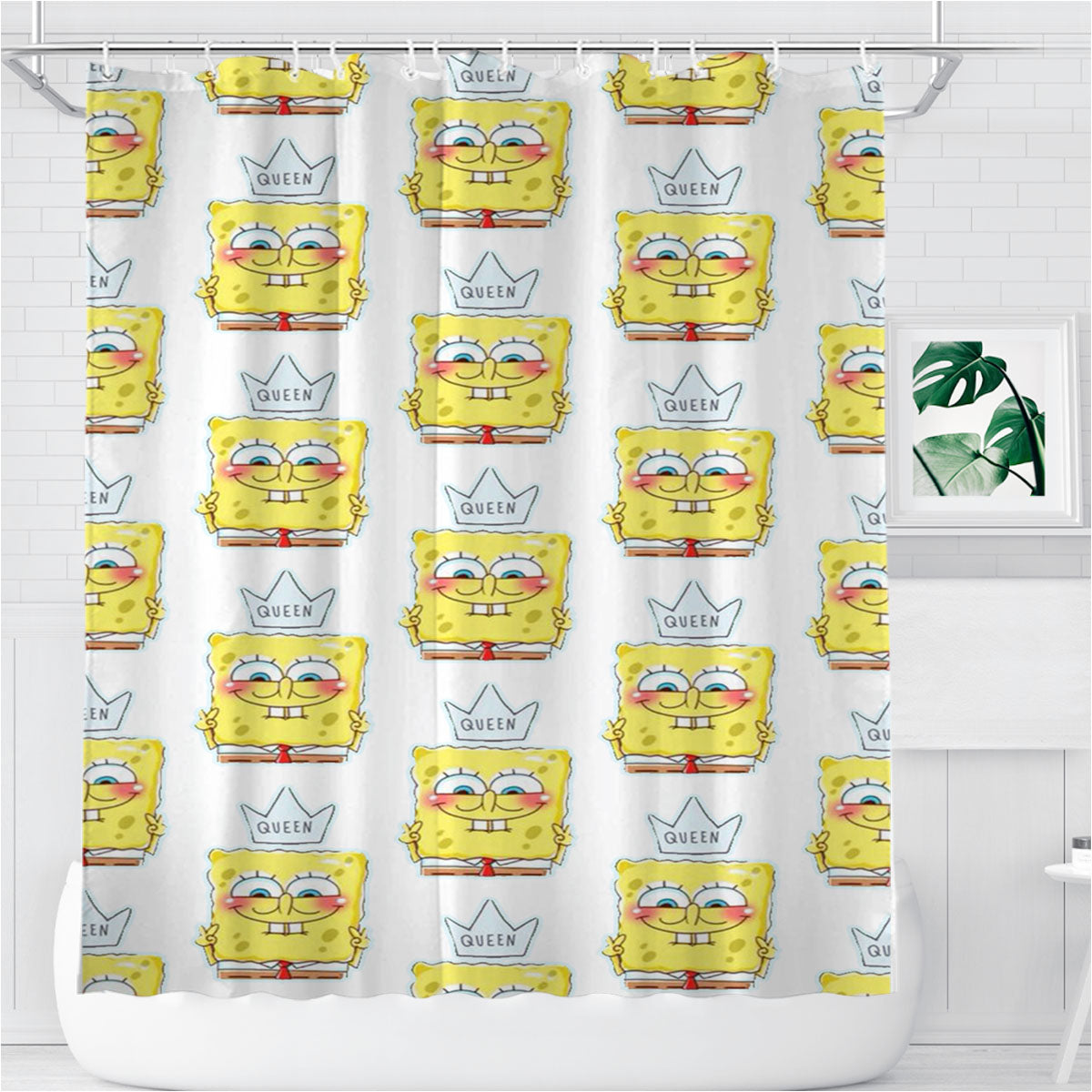 Queen Spongebob Pattern Bathroom Shower Curtain Fabric Waterproof | 66 X 72 Inch