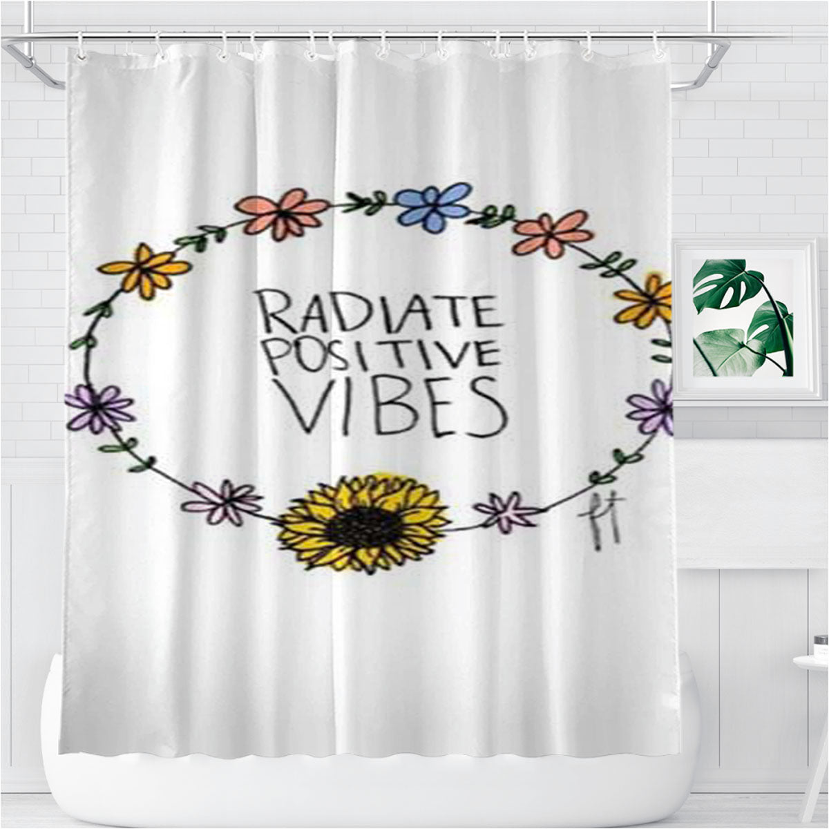 Radiate Positive Vibes Flowers Bathroom Shower Curtain Fabric Waterproof | 66 X 72 Inch