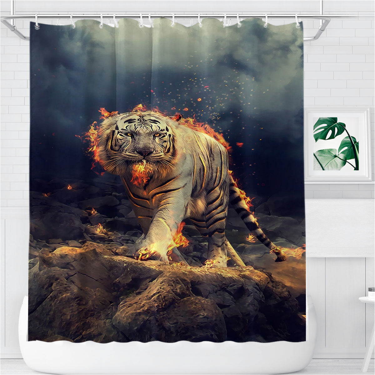 Raging White Tiger Bathroom Shower Curtain Fabric Waterproof | 66 X 72 Inch