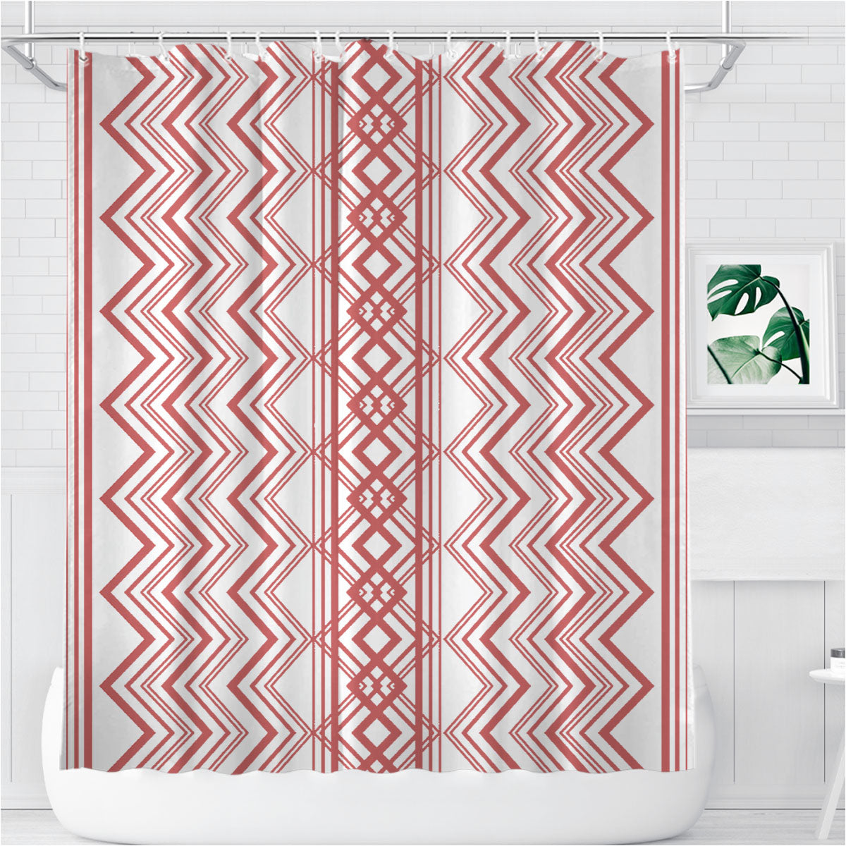 Red Aztec Zigzag Seamless Pattern Bathroom Shower Curtain Fabric Waterproof | 66 X 72 Inch