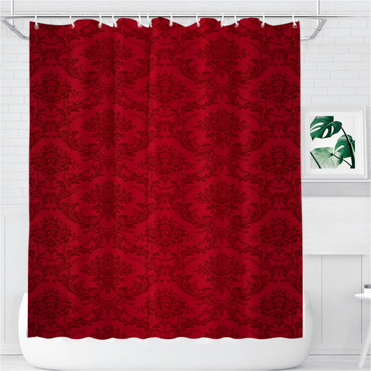 Red Damask Pattern Bathroom Shower Curtain Fabric Waterproof | 66 X 72 Inch