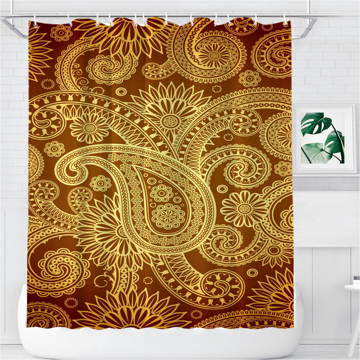 Red Gold Damask Pattern Bathroom Shower Curtain Fabric Waterproof | 66 X 72 Inch