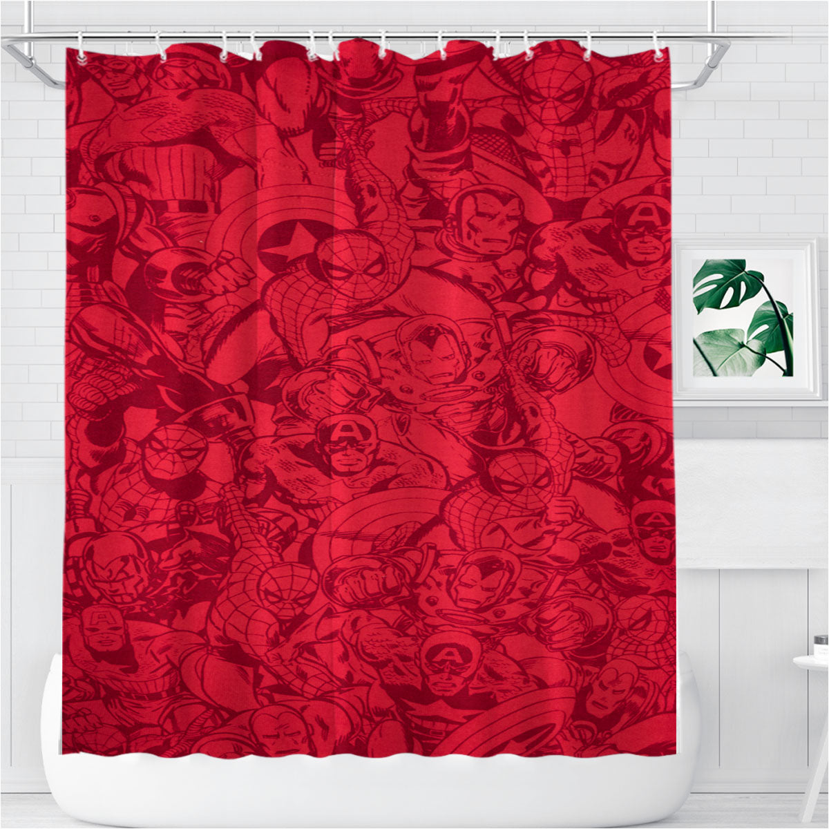 Red Marvel Superheroes Doodles Bathroom Shower Curtain Fabric Waterproof | 66 X 72 Inch
